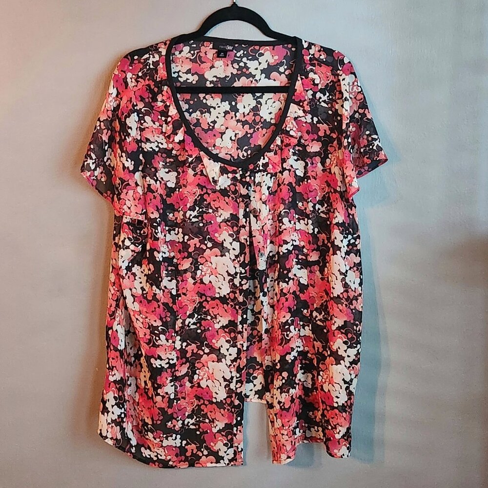 3X Pink and Floral Sheer Button Down Blouse
